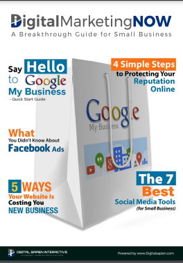 Promotional graphic for “Digital Marketing NOW,” a guide for small businesses, featuring titles of included chapters about Google My Business, online reputation, Facebook Ads, websites, and social media tools.