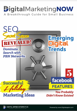 Digital Marketing NOW guide cover featuring a central safe vault surrounded by text about SEO, digital trends, and Facebook marketing features.