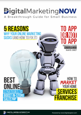 A promotional graphic titled “Digital Marketing NOW” featuring a robot next to a lightbulb, surrounded by text about marketing strategies and business app development.