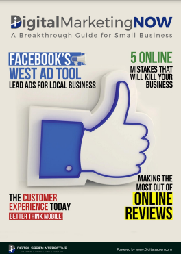 DigitalMarketingNOW guide cover featuring a blue thumbs-up icon and text on Facebook ad tools, online marketing mistakes, customer experience, and online reviews.
