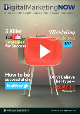 Digital Marketing NOW guide cover featuring a vintage television with a play button icon and text about YouTube, newsletters, Twitter, and SEO myths.