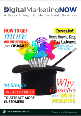 Digital Marketing NOW guide cover featuring social media icons emerging from a magician’s top hat, surrounded by marketing-related text headlines.