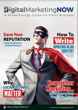 A man in a suit and superhero cape and mask, surrounded by text promoting digital marketing guides for small businesses.