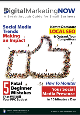DigitalMarketingNOW guide cover featuring a crowd of people arranged in the shape of a thumbs-up icon, surrounded by headlines about social media, local SEO, and PPC budgeting.