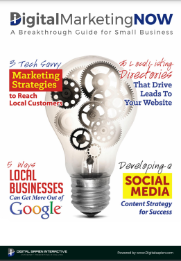 Book cover titled “Digital Marketing NOW: A Breakthrough Guide for Small Business” featuring a lightbulb filled with gears and surrounding text about local marketing strategies.