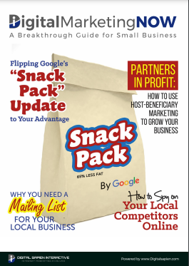 A cover for “DigitalMarketingNOW,” featuring a paper bag labeled “Snack Pack” and titles for articles on Google updates, marketing, email lists, and competitor analysis.