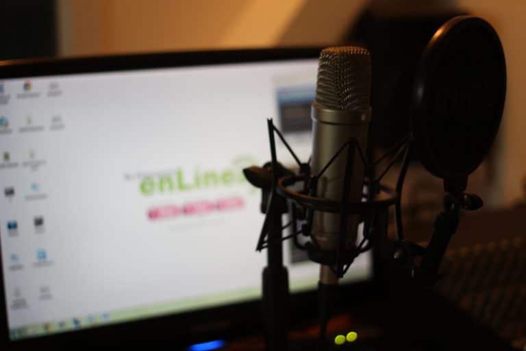 A microphone in front of a computer screen.