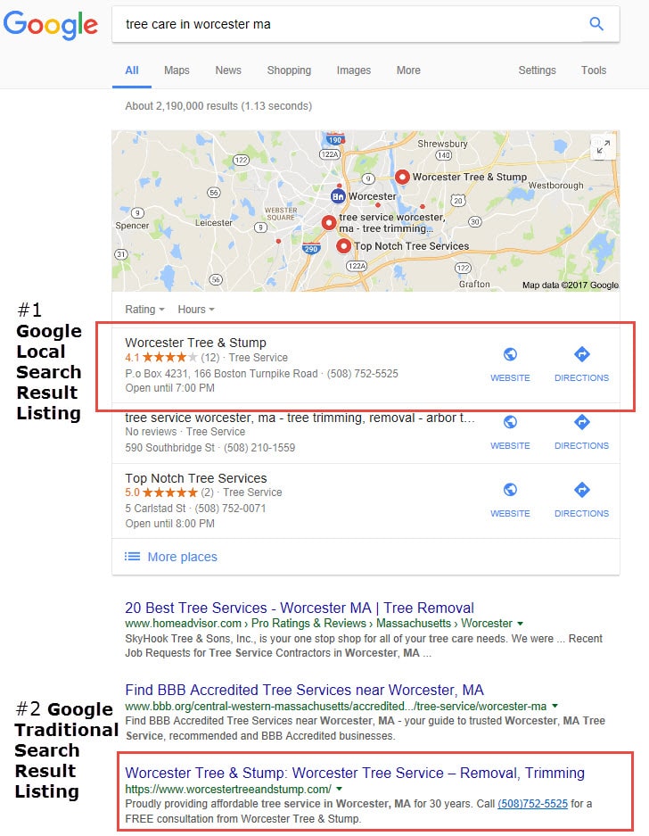 Google Local and Traditional Search Result Listings