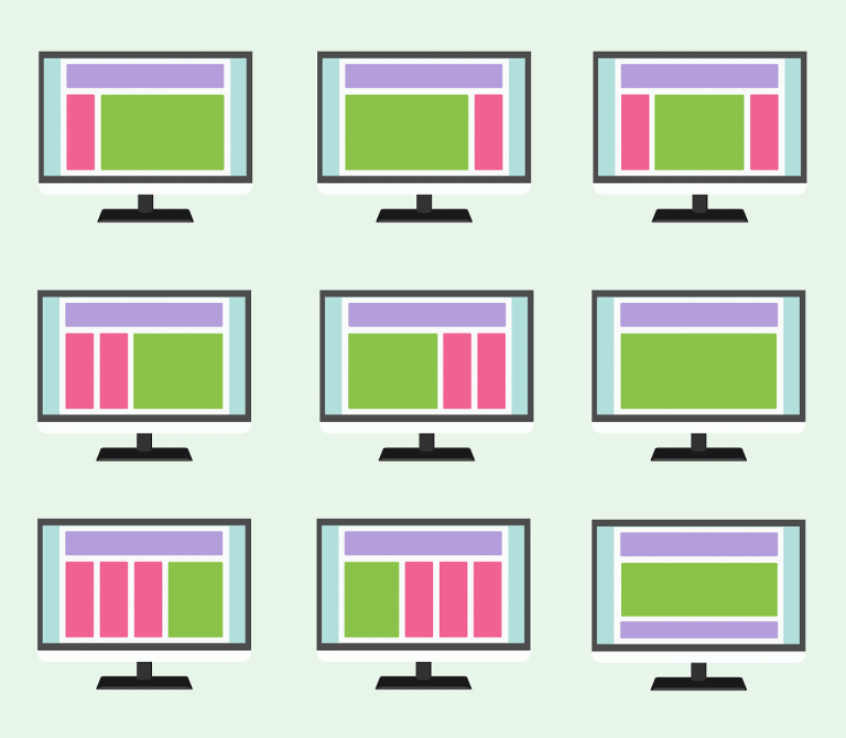 A set of computer monitors on a green background.